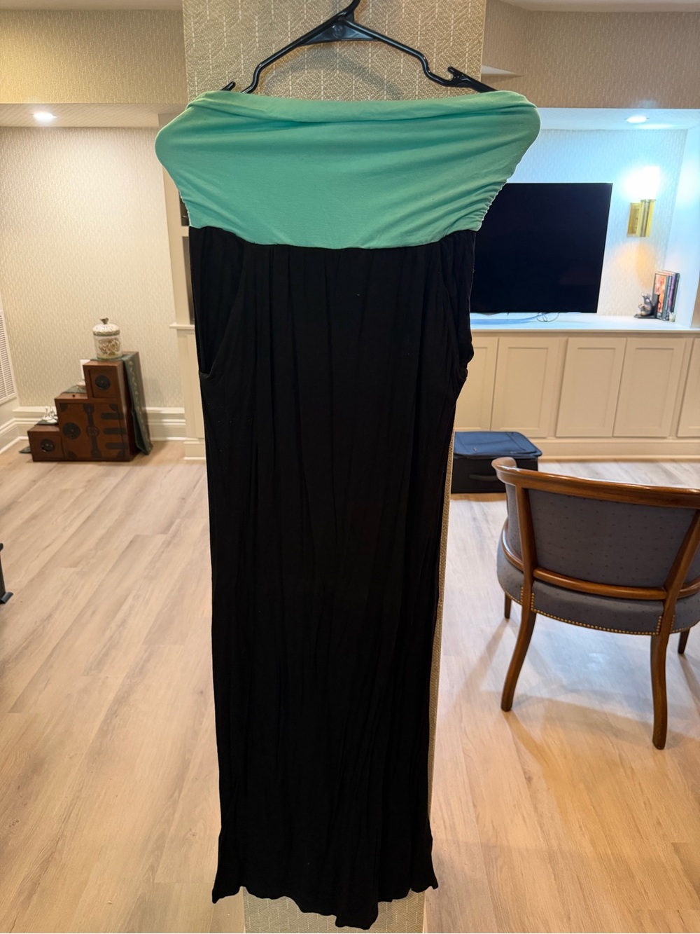 Strapless Teal & Black Colorblock Maxi Dress with Pockets